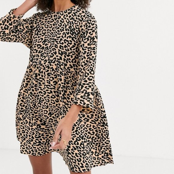ASOS Long Sleeve Smock Mini Dress in Leopard Print